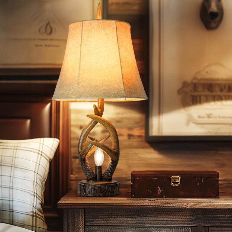 Scenekoy Rustic Farmhouse Antlers Bedside Table Lamp Set of 2 with Nightlight Dual USB Ports Leather Soft Bell Shade Brown Finish nightstand Lamp Decor for Living Room Bedroom Office House Hotel - Image 4