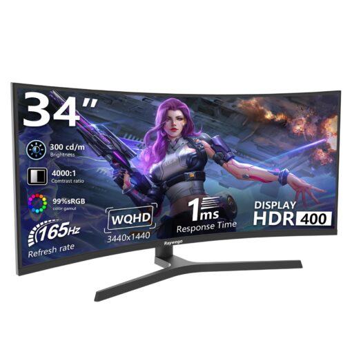 Raywego 34 inch Curved Ultrawide Computer Gaming Monitor 165Hz,UWQHD 3440x1440,1500R -PIP,1ms (MPRT),HDR, 300nits, sRGB99%,FreeSync,HDMI2.0(TMDS) x2,DP1.4 x2,Eye Care,VESA,Support Lifting Base