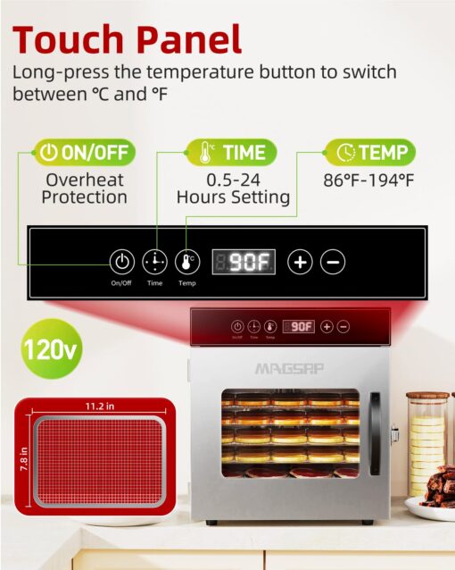 8-Tray Stainless Steel Food Dehydrator for Jerky & Meat | 194℉ Adjustable Temperature, 24-Hour Timer, Overheat Protection | Perfect for Fruits, Vegetables, and Herbs - Image 6