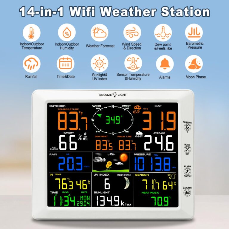 AIRAIN TECH WiFi Weather Station, 14-in-1 Indoor/Outdoor Wireless Weather Stations with Large Display, Home Weather Station with Rain Gauge, Wind Speed/Direction, Barometer, Clock, Weather Forecast - Image 7