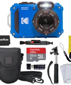 Kodak PIXPRO WPZ2 Rugged Waterproof Shockproof Digital Camera 16MP 4X Optical Zoom 1080P Full HD Video, 2.7 LCD (Blue), 32GB SD Card, Black Compact Camera Case, Floating Strap, Bundle (7 Items)