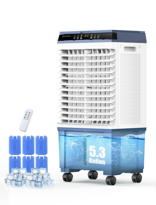 Air Choice Swamp Cooler, 1800 CFM Portable Evaporative Air Cooler with 6 Ice Box & 5.3 Gal Water Tank, 110° Swing, 3 Speeds, Upgraded Remote, 12H Timer, 3-in-1 Air Cooling Fan for Outdoor Indoor, Blue