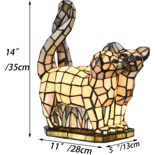 Bieye L10771 Cats in Love Tiffany Style Stained Glass Accent Table Lamp Night Light for Home Decoration (Two Cats, Yellow) - Image 4