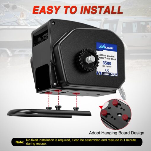 Nilight Boat Trailer Winch 3500 lbs Portable Electric Boat Winches 12 V DC Marine Winch with Remote Control and Hand Crank Power-in Freewheel Operation Waterproof Reversible Winch for Boat Trailer - Image 4