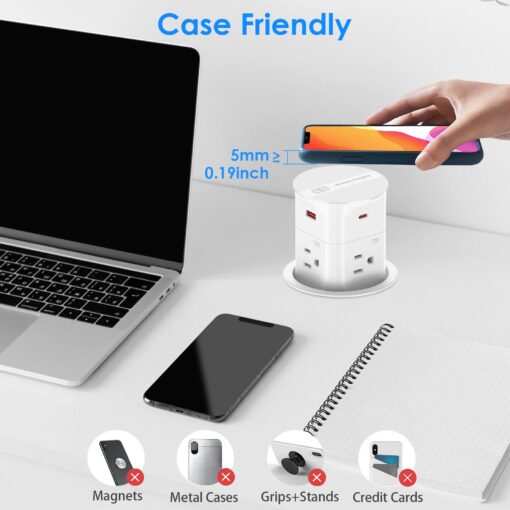 ANNQUAN 3.15" Pop Up Countertop Outlet with 15W Wireless Charger,Max 20W Power Delivery,800J Surge Protection,Pop Up Electrical Outlet with 4 Outlets 4 USB Ports for Home Office(ETL Listed) - Image 3