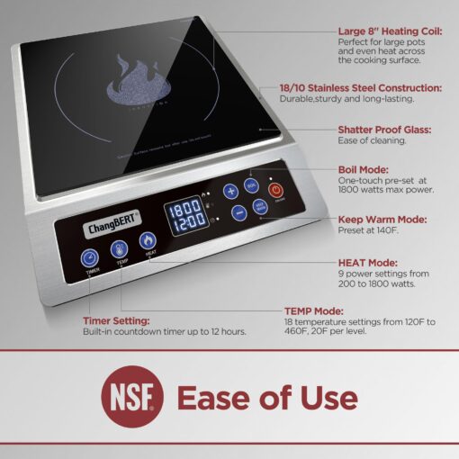 ChangBERT Portable Induction Cooktop, NSF Certified Pro Induction Hot Plate, Powerful 1800W with Large 8" Heating Coil, 18/10 Stainless Steel, 18 Temp Settings Commercial Grade Countertop Burner - Image 7