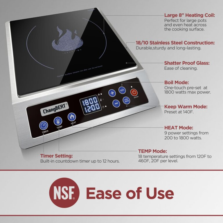 ChangBERT Portable Induction Cooktop, NSF Certified Pro Induction Hot Plate, Powerful 1800W with Large 8" Heating Coil, 18/10 Stainless Steel, 18 Temp Settings Commercial Grade Countertop Burner - Image 7
