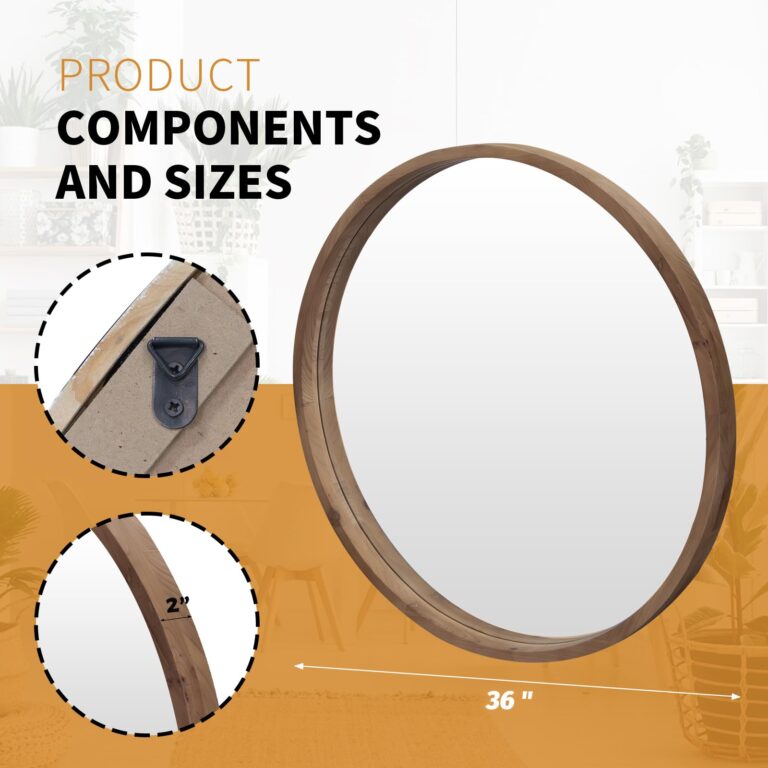 GIFTTROVE 36" Bathroom Mirror, Round Wall Mirror with Wood Frame, Farmhouse Mirror for Wall Decor, Wall-Mounted Mirror for Bedroom, Living Room, Brown - Image 6