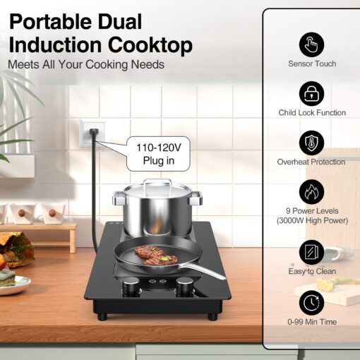 VBGK Double Induction Cooktop,12 Inch 3000W Induction Stove Top 110V 2 Burner Hot Plate with Rotary &Touch Control,9 Levels Settings, Child Safety Lock & Timer - Image 8