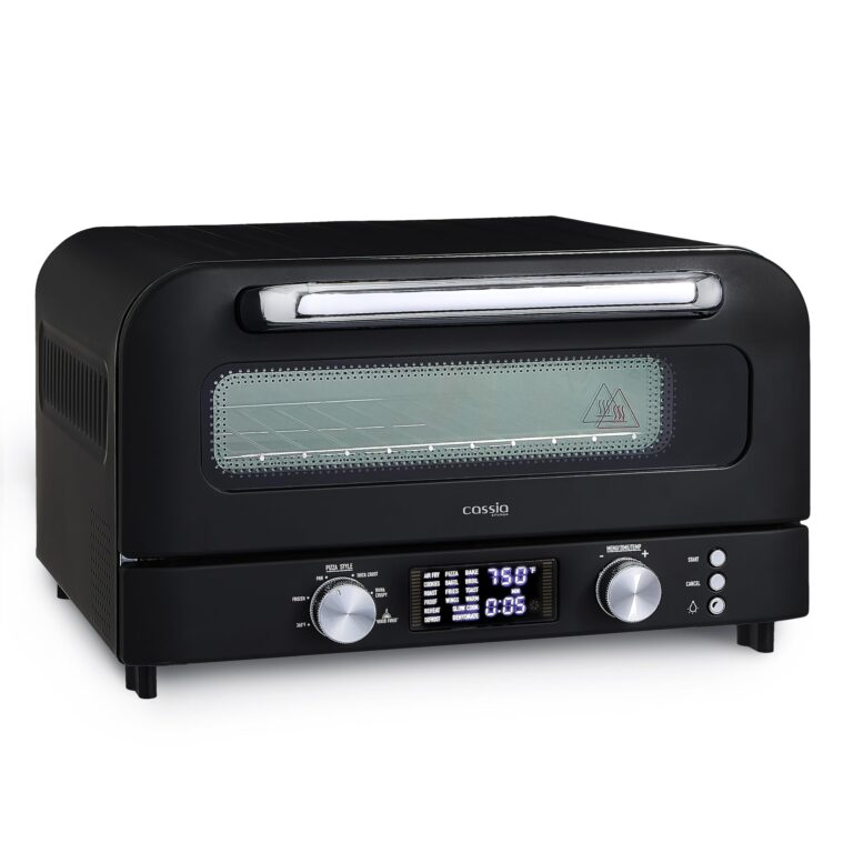Cassia Countertop Electric Air Fryer Pizza Oven, 12" Capacity, 20L, 1800W, Heats up to 750°F, 16 Presets, Includes Pizza Stone, Peel, Fry Basket, Black