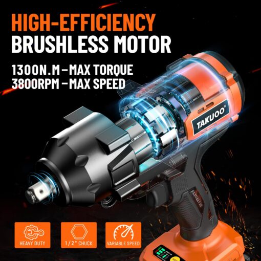 Takuoo 1300N.m(960Ft-lbs) Cordless Impact Wrench High Torque, 1/2" 21V Brushless Impact Gun w/2x 4.0AH Battery Fast Charger, Electric Power Impact Wrench for Truck RV Heavy-duty, 5 Sockets, Tool Box - Image 7