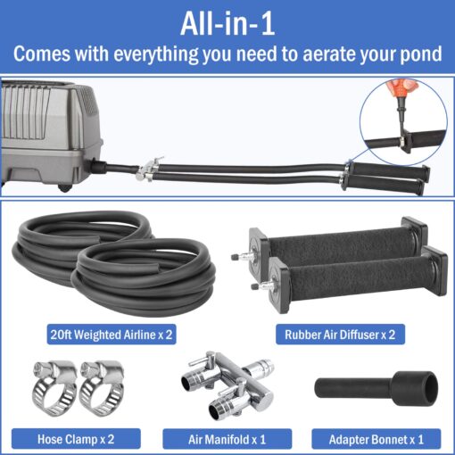 AquaMiracle All-in-One Koi Pond Aerator for Outdoor Ponds 10000-15000 Gallons, Pond Air Pump Pond Aeration System with Self-Sinking Airline Flow Control Rubber Air Diffuser - Image 7