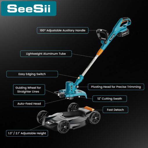 Seesii String Trimmer : 12’’ Cordless Weed Wacker & Edger with 2 * 4.0Ah Batteries - Electric Lawn Mower with 1.3’’/2.1’’ Adjustable Deck - 3-in-1 Battery Lawn Mower for Garden/Yard - Image 3