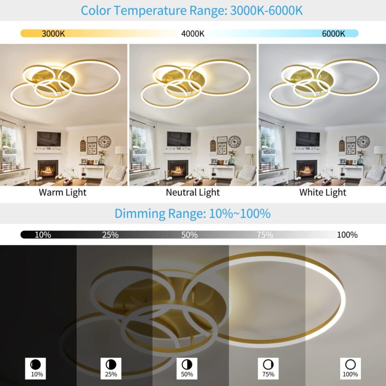 Modern LED Ceiling Light 90W Dimmable Ceiling Light Fixture with Remote Control 5 Rings Flush Mount Ceiling Light Gold Acrylic Chandelier LED for Living Room Bedroom Kitchen Light fixtures(4+1G01) - Image 6