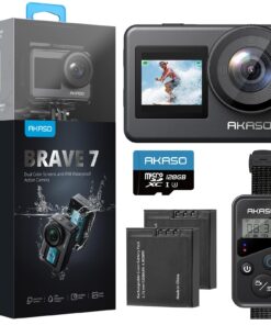 AKASO Brave 7 Action Camera 4K30FPS 20MP with 128GB U3 MicroSDXC Memory Card, Waterproof Camera with Touch Screen IPX8 33FT EIS 2.0 Zoom Support External Mic Voice Control with 2X 1350mAh Batteries