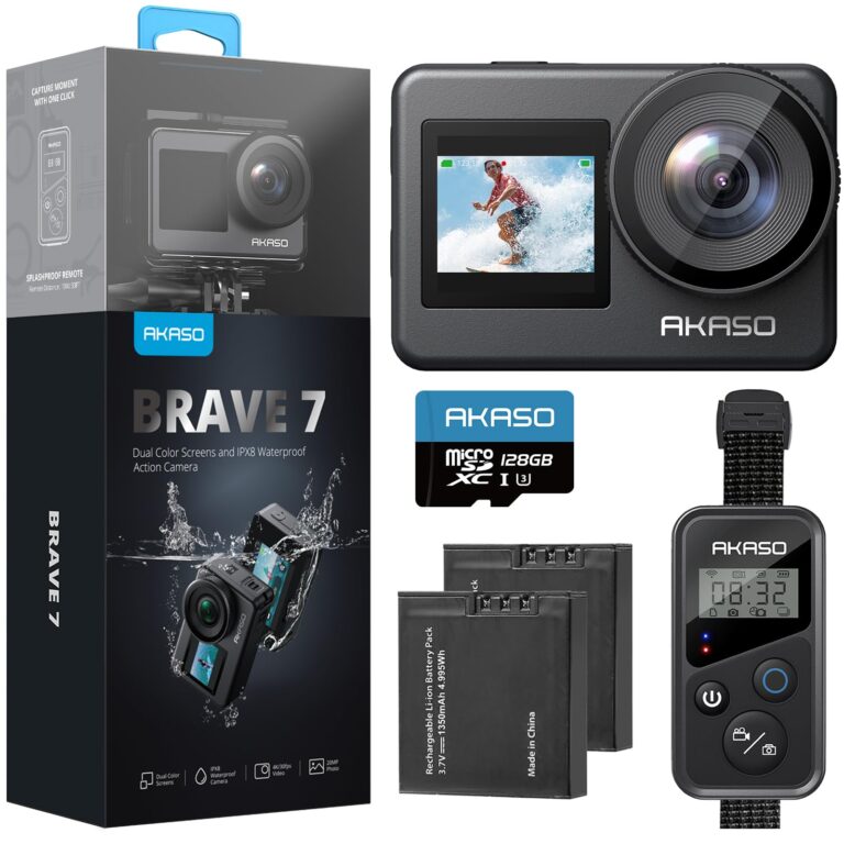 AKASO Brave 7 Action Camera 4K30FPS 20MP with 128GB U3 MicroSDXC Memory Card, Waterproof Camera with Touch Screen IPX8 33FT EIS 2.0 Zoom Support External Mic Voice Control with 2X 1350mAh Batteries