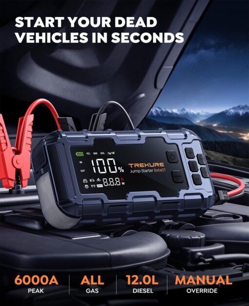 TREKURE 10-in-1 Car Battery Jump Starter with Air Compressor 6000A 160PSI 45W Charger, Jump Starter Jump Box (All Gas 12L Diesel), Car Battery Jumper Starter Portable Jumper Cables, Gloves, Lights - Image 6