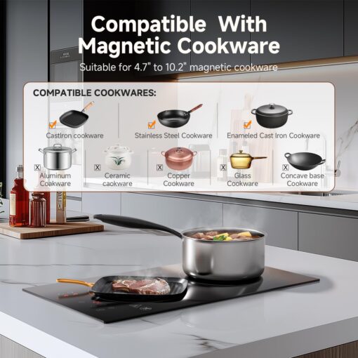 AMZCHEF Induction Cooktop 2 Burners, 12 Inch Bulit-in & Countertop Induction Stove with Plug 110V-120V, 9 Power Levels Electric Stove 1800W, Child Lock, Timer, Touch Control for Fast Cooking - Image 4