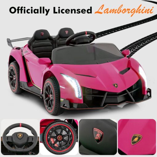 INFANS 2 Seater Kids Ride on Car, 12V 4WD Licensed Lamborghini Veneno Powered Electric Vehicle with Hydraulic Doors, Rocking Mode, Adjustable Speeds, Remote Control, MP3, Headlight (Coral) - Image 3