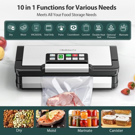 Beelicious Pro 90Kpa Powerful Vacuum Sealer, with 10-in-1 Functions,Double Seal & Double Pump,Built-in Cutter&Hose,Handle-Ease Design, Vacuum Sealer Machine for Food with Bags Storage, Stainless Steel - Image 7