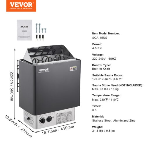 VEVOR Sauna Heater,220V Electric Sauna Stove, Steam Bath Sauna Heater 3h Timer and Adjustable Temp for Max. 176-318 Cubic Feet, (4.5KW) FCC Certification - Image 5