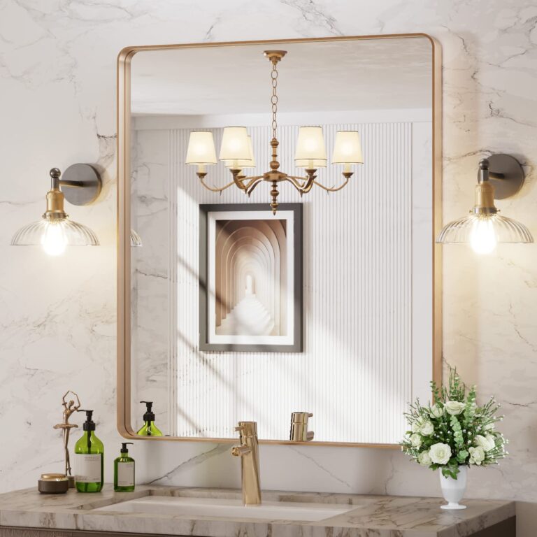 LOAAO 30”X36” Gold Bathroom Mirror, Rounded Rectangle Gold Frame Mirror, Brushed Gold Bathroom Vanity Mirror Wall-Mounted, Anti-Rust, Tempered Glass, Hangs Horizontally or Vertically - Image 7
