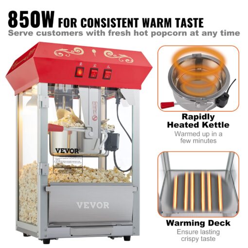 VEVOR Commercial Popcorn Machine, 8 Oz Kettle, 850 W Countertop Popcorn Maker for 48 Cups per Batch, Theater Style Popper with 3-Switch Control Steel Frame Tempered Glass Doors 2 Scoops 2 Spoons, Red - Image 7