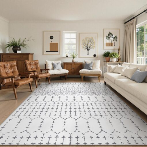 Lahome Moroccan 9x12 Washable Area Rug - Non-Slip Washable Ultra-Thin Soft Large Rug for Living Room, Modern Geometric Print Stain Resistant Carpet for Bedroom Dining Room, White
