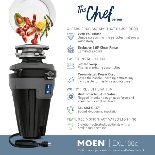 Moen Chef Series 1 HP Continuous Feed Lighted Garbage Disposal with Sound Reduction for Under Sink, Power Cord Included, EXL100C - Image 9