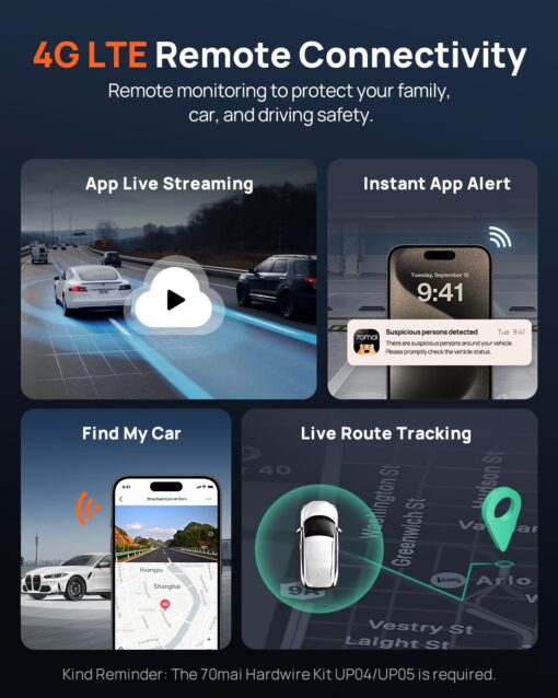 70mai Dual Dash Cam Front and Rear 4K, Car Camera for Cars with Sony IMX678, STARVIS 2 Night Vision, 4G LTE, AI Motion Detection, ADAS, 5GHz Wi-Fi 6, Parking Monitor, Voice Control (4K Omni X800) - Image 8