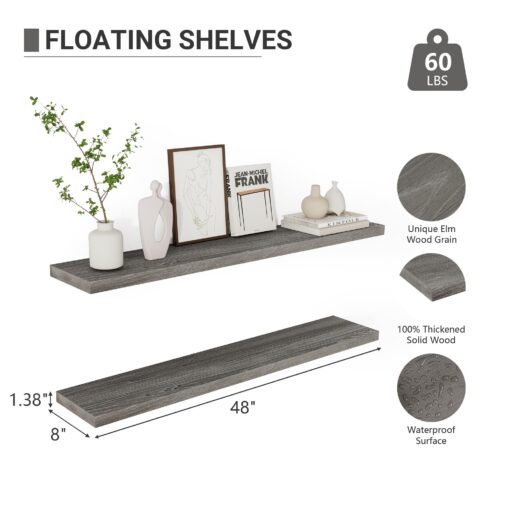 Rustic Farmhouse Floating Shelves - Wooden Shelves for Wall Mounted,Bathroom Storage Over Toilet, Hanging Book Shelf for Wall Home Decor Living Room - 48W x 9.25D - 60lbs Capacity,Solid Elm Wood - Image 3