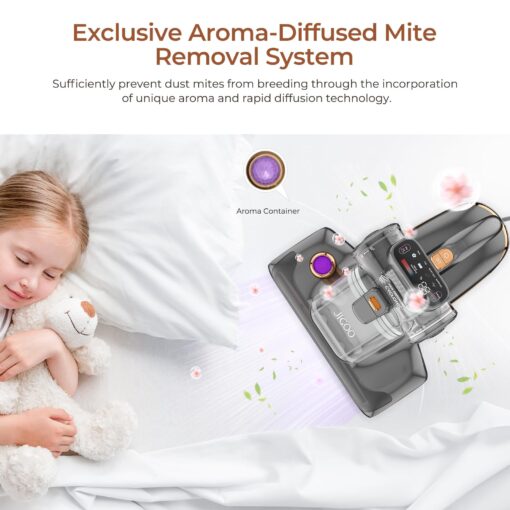 JIGOO T600 Bed Vacuum Cleaner with UV-C Light, 15Kpa Suction 700W Powerful Double Cup Handheld Vacuums, Mattress Vacuum Cleaner with Smart Dust Sensor, Ultrasonic & Heating Tech, HEPA Filter - Corded - Image 5