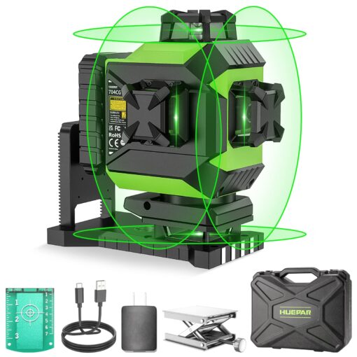 Huepar 4x360 Laser Level Self-leveling 4D Green Beam Cross Line 16 Lines Tiling Floor Laser Tool -2x360 Horizontal/Vertical Laser Lines -rechargeable Li-ion Battery & Integrated Magnetic Bracket 704CG