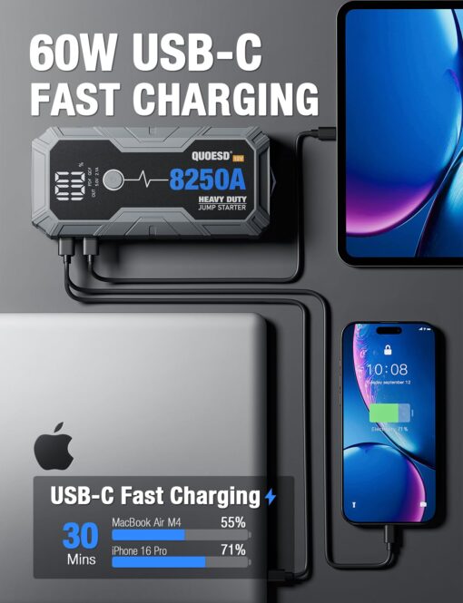 8250A Jump Starter Battery Jump Starter Battery Pack (for All Gas or 10.0+L Diesel), 12V Potable Heavy Duty Car Jump Start with 60W Power Bank 48-Months Stand-by Time - Image 5