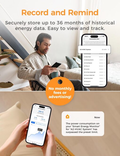 Smart Home Energy Monitor Supports Home Assistant, Real-Time Accurate Energy Consumption Tracking, Electricity Usage Monitor with 16x60A Circuit Sensors, 36-Month History, Solar Metering, 2.4G - Image 4