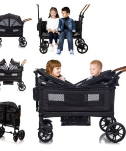 Wagon Stroller for 2 Kids & Cargo- Push-Pull Double Stroller Lightweight Travel Folding Stroller for Newborn&Toddler with 5-Point Harness,Adjustable Handle Bar and Canopy,Tray Table,Cup Holder