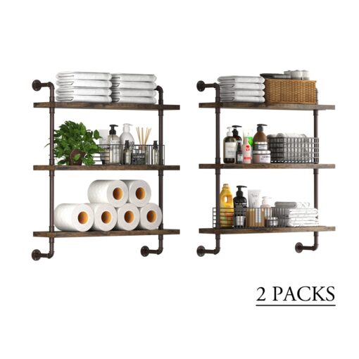 Industrial Pipe Shelf Wall Mounted, Rustic Wood Floating Shelves, 3 Tier Wall Display Bookshelf, Storage Rack Sundries Holder for Kitchen Office Bathroom Organization and Home Decor (24inch x 2) - Image 5