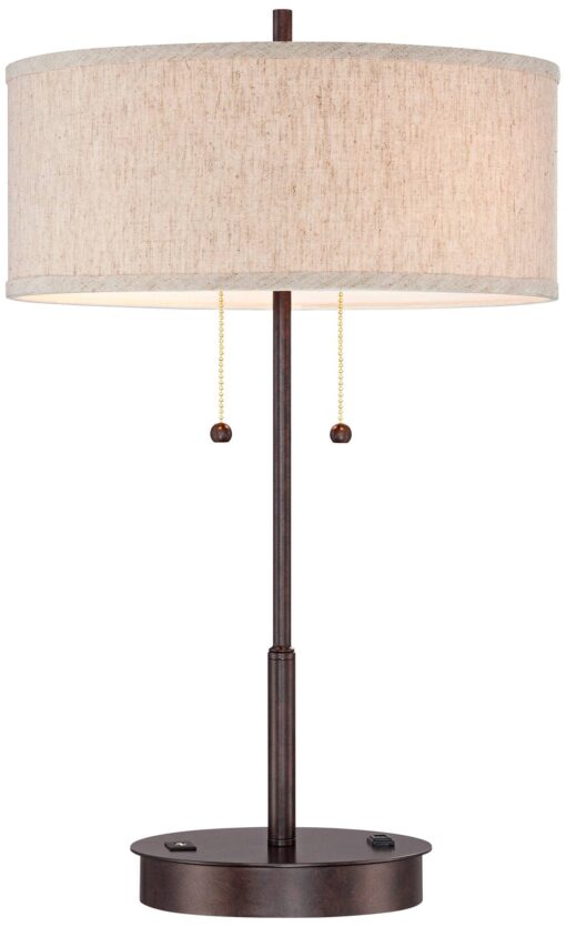 360 Lighting Nikola Modern Accent Table Lamps 23.5" High Set of 2 with Hotel Style USB and AC Power Outlet in Base Bronze Slim Fabric Drum Shade for Living Room Desk Bedroom House Bedside - Image 3