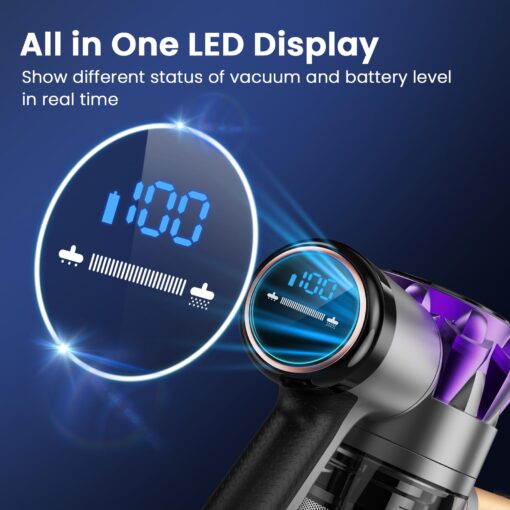 UML0 S3 Cordless Vacuum Cleaner, 45kPa Powerful Stick Vacuum, LED Display, 55-Min Runtime Rechargeable Cordless Vacuum, Free-Standing, Vacuum Cleaners for Home Pet Hair Carpet Hard Floor (Purple) - Image 6