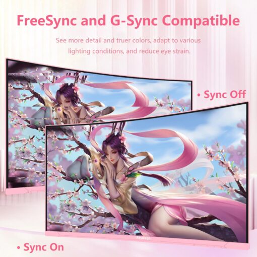 Raywego Pink 27 inch Curved Gaming Monitor 180Hz,QHD 1080P,1800R LED Display,Pink Computer Monitor,1ms (MPRT),FreeSync,Eye-Care Technology, DP, HDMI Port for Gaming Home Office,VESA(100mm*100mm) - Image 5