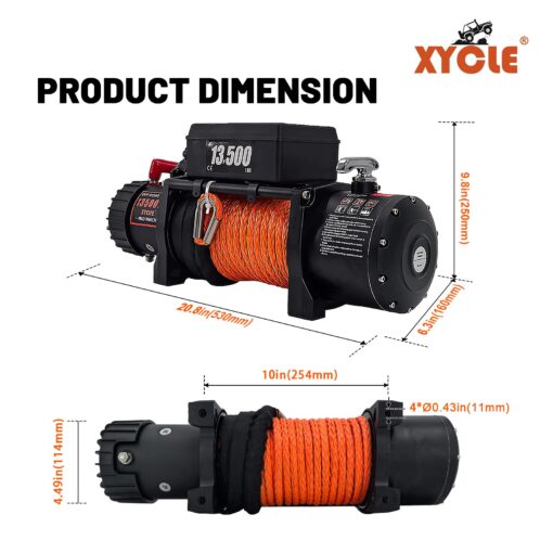 Winch 13500 lbs 12V Waterproof Electric Winch Synthetic Rope Electric Winch Towing Winch Boat Trailer Winch SUV 4-Wheel Drive Off-Road Vehicle with Remote Control 3/8 Synthetic Rope (Dark-Orange) - Image 3