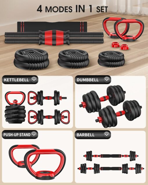 UNNMIIY Adjustable Dumbbells, 10/20/30/45/70/90lbs Free Weight Set with Connector, 4 in1 Dumbbells Set Used as Barbell, Kettlebells, Push up Stand, Fitness Exercises for Home Gym Suitable Men/Women(90LBS(45LBS PAIR)) - Image 4