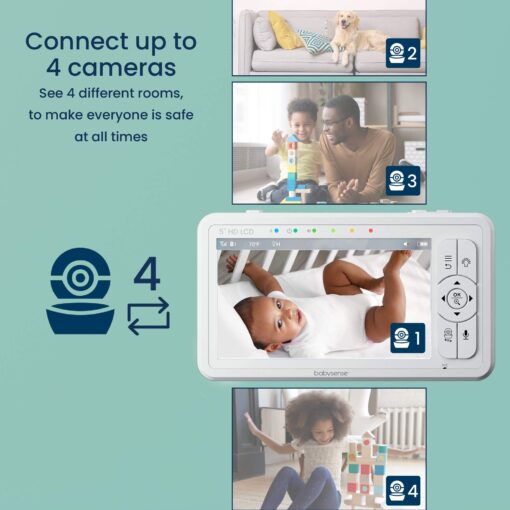 Babysense 5" HD Split-Screen Baby Monitor, Video Baby Monitor with 2 Cameras and Audio, Night Light, 1000ft Range, Two-Way Audio, 4X Zoom, Night Vision, 4000mAh Battery - Image 2