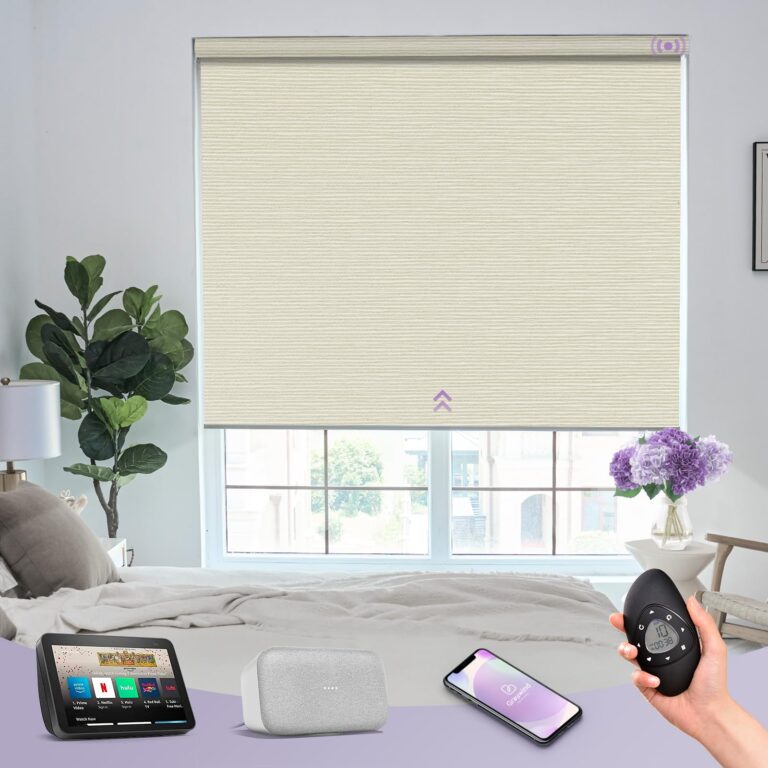 Graywind Smart Blackout Roller Shades Compatible with Alexa Google Textured Gleaming Fabric Rechargeable Motorized Blinds Cordless Remote Control Window Shades, Custom Size (Striped Beige)
