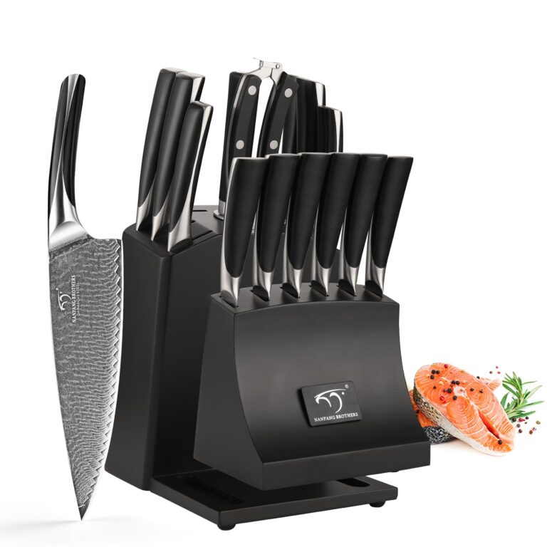 NANFANG BROTHERS Knife Set, 15-Piece Damascus Kitchen Knife Set with Block, ABS Ergonomic Handle for Chef Knife Set, Carving Fork, Disconnect-type Knife Block Set (Black) - Image 2