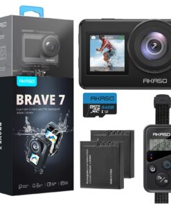 AKASO Brave 7 Action Camera 4K30FPS 20MP with 64GB U3 MicroSDXC Memory Card, Waterproof Camera with Touch Screen IPX8 33FT EIS 2.0 Zoom Support External Mic Voice Control with 2X 1350mAh Batteries