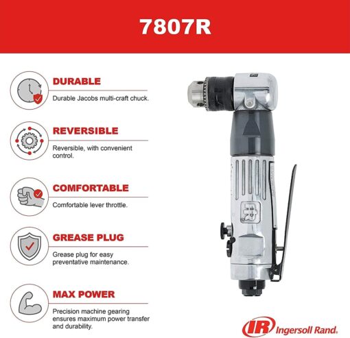 Ingersoll Rand 7807R 3/8” Reversible Air Angle Drill, Standard Duty, 1800 RPM, Quiet, Durable Jacobs Multi-Craft Chuck, Grease Plug - Image 3
