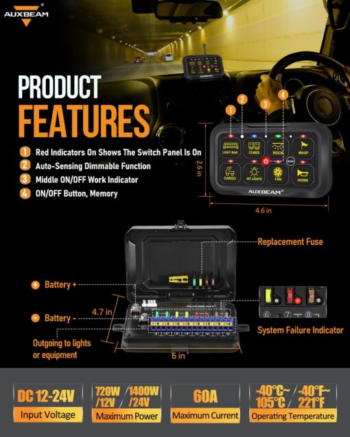 Auxbeam 8 Gang Switch Panel Bluetooth AR-800 RGB Switch Pod with Backlit Off Toggle Momentary Pulsed Auxiliary Switch Panel for Truck SUV ATV Marine RV Multifunction 12-24V Waterproof 2 Years Warranty - Image 3