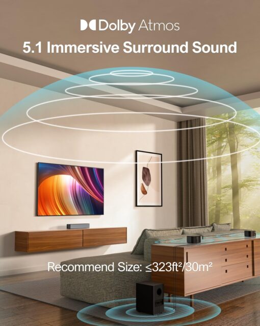 ULTIMEA 5.1 Sound Bar with Dolby Atmos, 410W Surround Sound System for TV, 3D Sound Bars for Smart TV with Subwoofer, Adjustable Surround and Bass, Home Audio Soundbars for TV, HDMI eARC, Poseidon D60 - Image 9