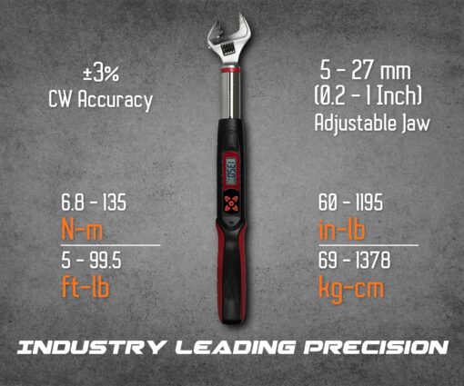 Tapha Tools Adjustable Digital Torque Wrench 19.9 to 99.5 ft-lbs (27-135 N-m) Torque Range, 5-27 mm Adjustable Jaw, LED and Buzzer Notification, Preset Memory, ISO 6789, Calibrated (DKA08N-T135CN) - Image 5